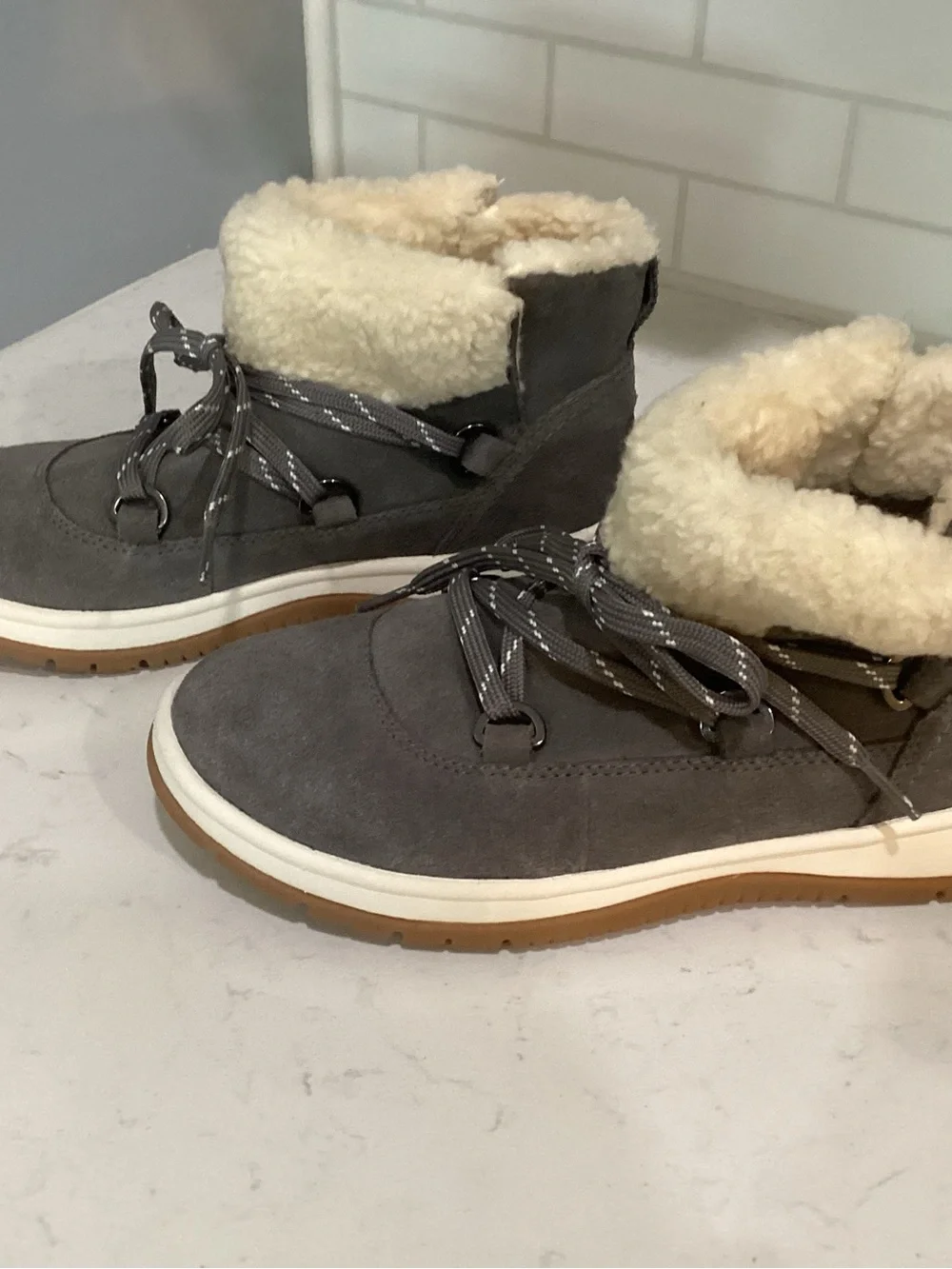 UGG Gray Suede Sherpa Cuff Winter Lace-Up Boots